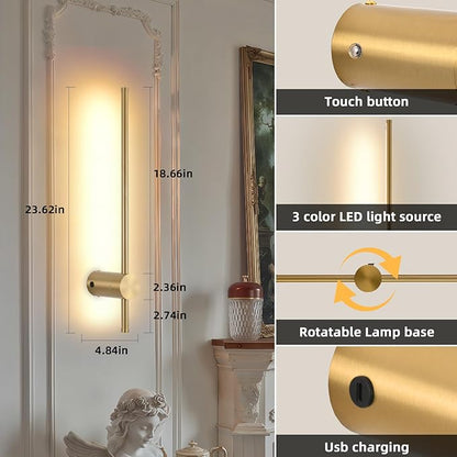 Battery Operated Wall Sconce USB Rechargeable Sconces, 23.6" Brushed Gold Wireless Wall lamp Set of 2, 3000K-6000K & Dimming with Remote Control, LED Wall Lights for Living Room, Bedroom