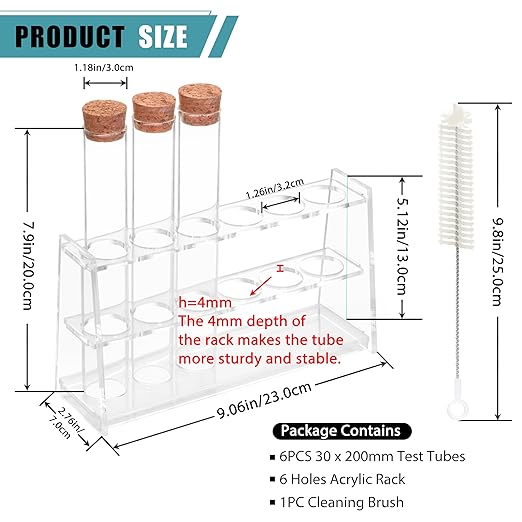 6pcs 100ml Glass Test Tube with Cork Stopper, 30 x 200mm Flat Bottom Storage Tube with Cap, 6 Holes Acrylic Rack, Plant Propagation Vase Set for Scientific Experiments Lab Candy Party Decor