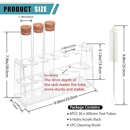6pcs 100ml Glass Test Tube with Cork Stopper, 30 x 200mm Flat Bottom Storage Tube with Cap, 6 Holes Acrylic Rack, Plant Propagation Vase Set for Scientific Experiments Lab Candy Party Decor