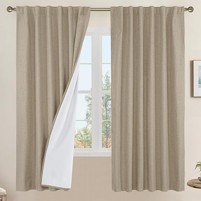 LAMIT 100% Blackout Natural Linen Curtains, 68 Inches Linen Textured Thermal Bedroom Curtains Back Tab and Rod Pocket Neutral Panels with White Liner for Farmhouse, 2 Panels, 52 x 68 Inch, Taupe
