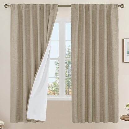 LAMIT 100% Blackout Natural Linen Curtains, 68 Inches Linen Textured Thermal Bedroom Curtains Back Tab and Rod Pocket Neutral Panels with White Liner for Farmhouse, 2 Panels, 52 x 68 Inch, Taupe