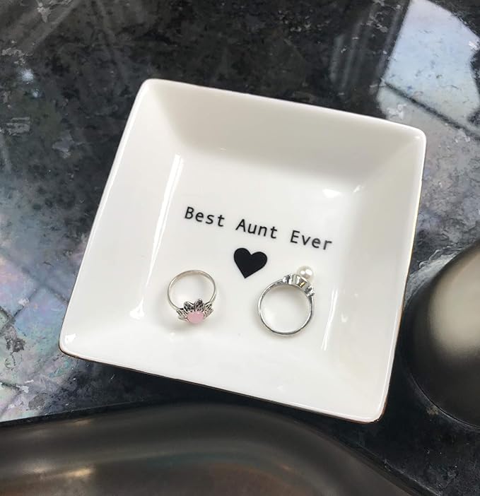 Simply Charmed Best Aunt Ever Gift – Ceramic Jewelry Dish or Ring Holder – BAE Trinket Tray - Elegant Christmas of Birthday Gift for Auntie