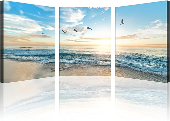 Goldfoilart Ocean Beach Sunset Canvas Wall Art for Bathroom Seascape Seagull Paintings Coastal Picture Framed Artwork for Bedroom Living Room Office Wall Decor 12 x 16Inch x 3pcs