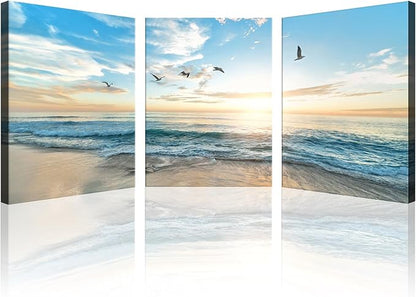 Goldfoilart Ocean Beach Sunset Canvas Wall Art for Bathroom Seascape Seagull Paintings Coastal Picture Framed Artwork for Bedroom Living Room Office Wall Decor 12 x 16Inch x 3pcs