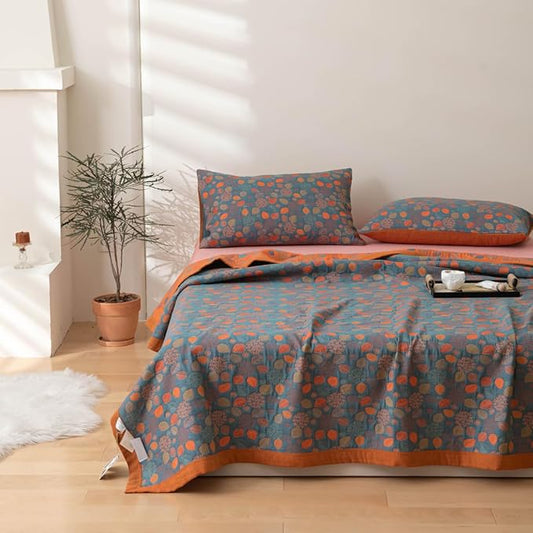 100% Cotton Jacquard Quilt Rustic Floral Leaves Print,Soft Muslin Bed Cover 3 Layers Reversible Bedspread Coverlet Breathable Lightweight Bedding,King(98"x94"), No Pillow Sham
