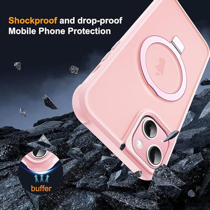 Compatible with iPhone 15 Plus Case with Invisible Magnetic O-Ring Stand Military-Grade Translucent Case for iPhone 15 Plus 6.7" [Compatible with Mag-Safe][Great Grip Feeling], Pink