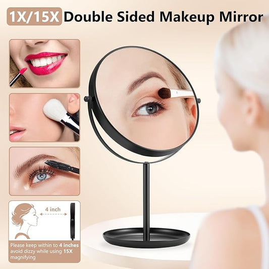 DECLUTTR 15X Magnifying Makeup Mirror, 9 Inch Tabletop Mirror on Stand, Large Double Sided Mirror for Desk, Black