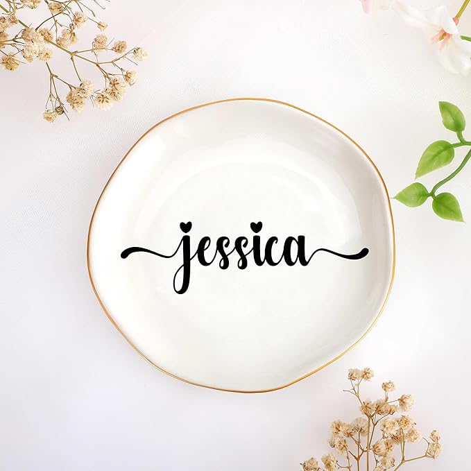 JoycuFF Jessica Personalized Name Ceramic Jewelry Tray, Mothers Day Christmas Anniversary Engagement Birthday Gifts for Women Couples, Trinket Dish for Rings Earrings Necklaces Bracelets Keys
