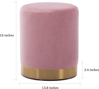 DAGONHIL Modern Round Pink Velvet Ottoman,Upholstered Floor Stools with Gold Plating Base,Accent Makeup Stool for Living Room,Bedroom and Kids Room,Pack of 1(Pink)
