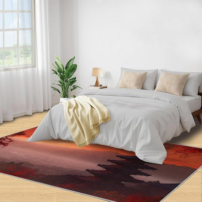 Japanese Style Area Rug 5x6 Washable Rug Red Maple Leaves Rugs for Living Room Sunset Scene Non Slip Carpet Floral Print Mat Bedroom Bathroom