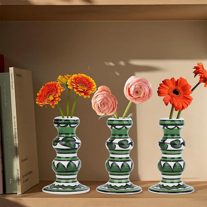 Vixdonos Painted Ceramic Vase Colorful Bud Vase Set of 3 Small Flower Vase Rustic Mini Vases in Bulk for Home Decor, Wedding and Dinner Party(Green)