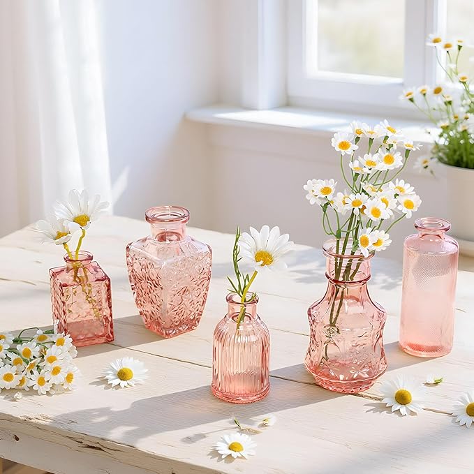 Vintage Pink Small Glass Vase Set of 24, Cute Bud Vases for Centerpiece Table Decorations, Boho Mini Vases for Flowers, Pink Clear Vase Bulk for Wedding Party Decor, Birthday, Baby Shower