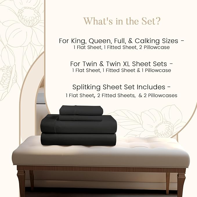 Egyptian Cotton Sheets Split King Size Sheet Set, 800 Thread Count Sateen Weave Hotel Collection Split King Sheet Deep Pockets, Cotton Bed Sheets Fits up to 17" – Black