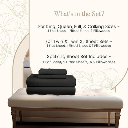Egyptian Cotton Sheets Split King Size Sheet Set, 800 Thread Count Sateen Weave Hotel Collection Split King Sheet Deep Pockets, Cotton Bed Sheets Fits up to 17" – Black