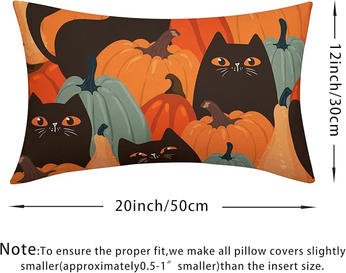 Halloween Pumpkin Fall Pillow Covers 12x20 Set of 2 Burnt Orange Black Cat Print Decorative Autumn Lumbar Outdoor Pillowcases with Zipper Farmhouse Holiday Throw Cushion Case Decor for Couch Sofa Bed