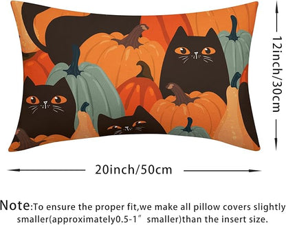 Halloween Pumpkin Fall Pillow Covers 12x20 Set of 2 Burnt Orange Black Cat Print Decorative Autumn Lumbar Outdoor Pillowcases with Zipper Farmhouse Holiday Throw Cushion Case Decor for Couch Sofa Bed