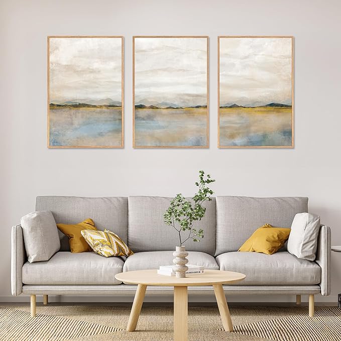 HLNIUC Large Abstract 3 Piece Wall Art 16x24, Neutral Distant Mountain Wall Decor, Watercolor Beige Dusty Nature Landscape Painting, Modern Pastel Scenery Art Prints for Living Room, Bedroom, Office