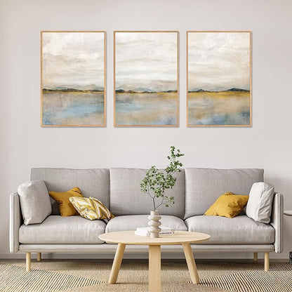 HLNIUC Large Abstract 3 Piece Wall Art 24x36, Neutral Distant Mountain Wall Decor, Watercolor Beige Dusty Nature Landscape Painting, Modern Pastel Scenery Art Prints for Living Room, Bedroom, Office