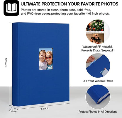 XFveiwoo Photo Album 4x6 450 Photos with Writing Space,4 x 6 Photo Book Linen Cover with Front Window, 4x6 Picture Album 450 Photos Photo Album Book for Wedding Kids Travel Family Baby Pictures, Blue