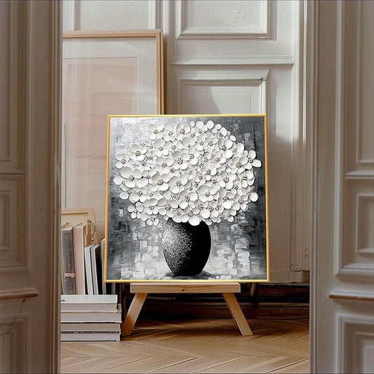 Glethua Flower Canvas Wall Decor, Abstract Floral Painting Print, White Blooming Flowers in Vase Picture Art, Modern Minimalist Still Life Artwork for Living Room Bathroom Bedroom Office (Gold Framed, 30 x 30 in | 76 x 76cm)