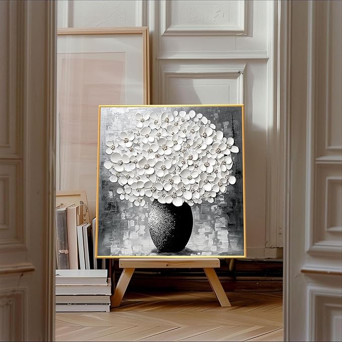 Glethua Flower Canvas Wall Decor, Abstract Floral Painting Print, White Blooming Flowers in Vase Picture Art, Modern Minimalist Still Life Artwork for Living Room Bathroom Bedroom Office (Black Framed, 30 x 30 in | 76 x 76cm)