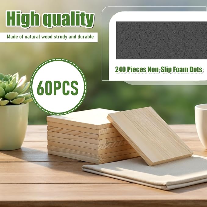SHENLIU 60 PCS Unfinished Square Wood Coasters, 4 Inch Blank Wooden Craft Coasters with 240 Non-Slip Foam Pad Stickers for DIY Stained Painting Wood Engraving Home Decoration