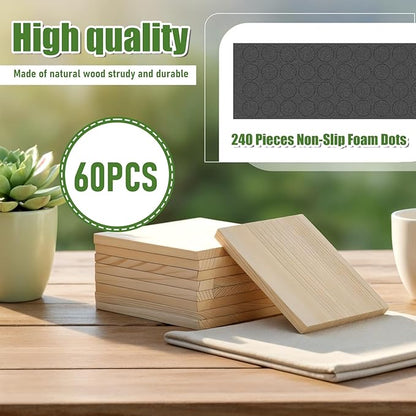 SHENLIU 60 PCS Unfinished Square Wood Coasters, 4 Inch Blank Wooden Craft Coasters with 240 Non-Slip Foam Pad Stickers for DIY Stained Painting Wood Engraving Home Decoration