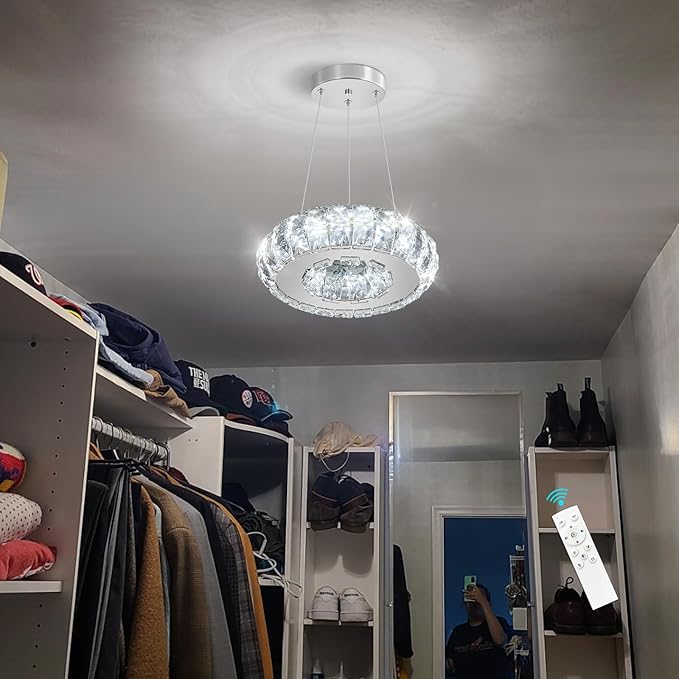 LED Ring Chandelier Modern Pendant Lights for Kitchen Island Dining Room Remote Dimmable Hanging Light Entryway Bedroom Crystal Lighting Silver Chandeliers