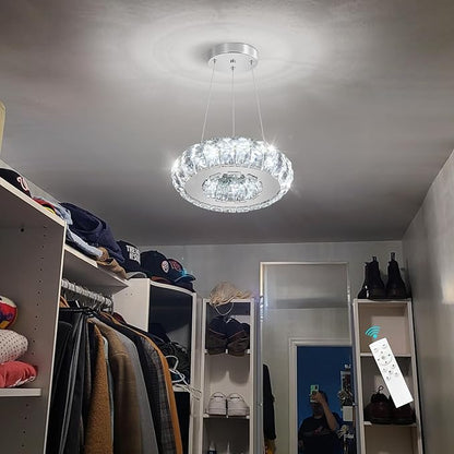 LED Ring Chandelier Modern Pendant Lights for Kitchen Island Dining Room Remote Dimmable Hanging Light Entryway Bedroom Crystal Lighting Silver Chandeliers