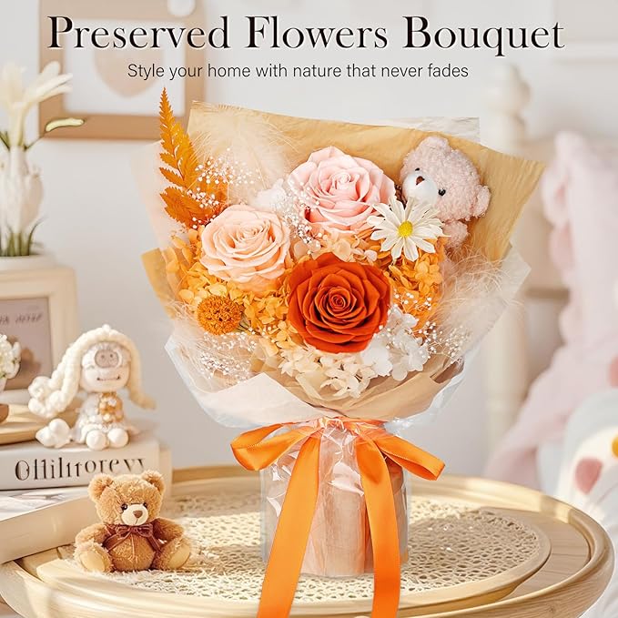 Preserved Flowers Bouquet with Bear, 3 Real Forever Flowers for Delivery, Long-Lasting Orange Eteranl Roses Bouquet, Anniversary Birthday Valentine Gifts for Women Mom Grandma Her Wife Girlfriend