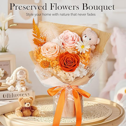 Preserved Flowers Bouquet with Bear, 3 Real Forever Flowers for Delivery, Long-Lasting Orange Eteranl Roses Bouquet, Anniversary Birthday Valentine Gifts for Women Mom Grandma Her Wife Girlfriend