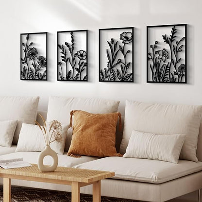 Glamativity 4 Pcs Black Abstract Flowers Metal Wall Art, Minimalist Floral Single Line Wall Décor, 3D Textured Sculptures, Rustic Nature Wall Art Décor for Living Room, Bedroom, Study (L Size 22.5x15.7'')