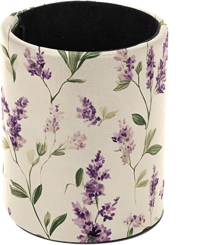 Round Pen Holder for Desk, Leather Pen Pencil Cup, Decorative Desk Stationery Supplies Organizer for Home Office Classroom, Cute Purple lavender and Sage Green Leaves on a Cream Background