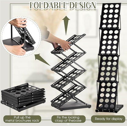 Tatuo 4 Pieces Foldable Magazine Rack Metal Catalog Literature Rack Portable 4 Pockets with Carrying Bag Brochure Stand Literature Display Holder Stand for Exhibition Trade Show