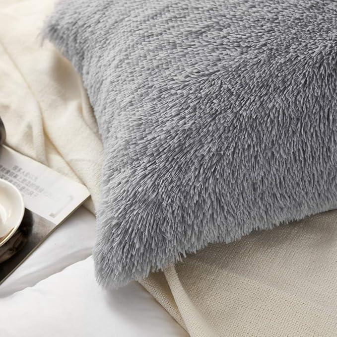 Uhamho Set of 2 Standard Faux Fur Throw Pillow Covers Soft Velvet Decorative Pillowcases Zipper Closure (Light Gray, 20"x26")