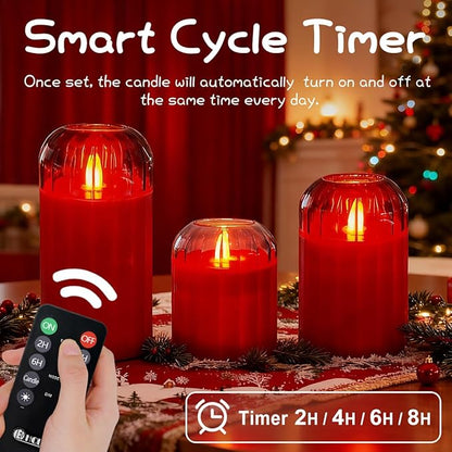 Rechargeable Flameless Candle, Flashing LED Pillar Real Wax Candle with Remote Control and Timer, Red Glass Electronic Candles for Room Decoration, 1 Set of 3
