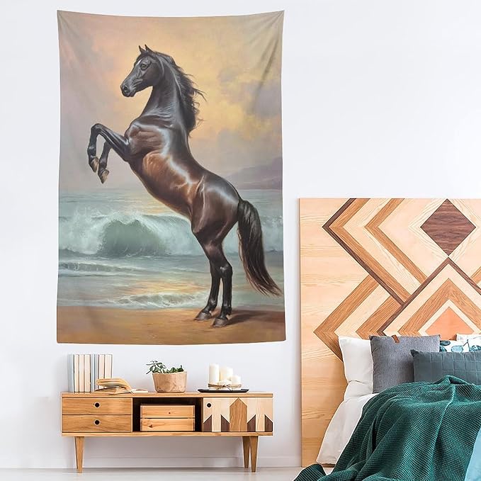 JYOUQOC Horse Animal Stands On The Beach Tapestry Large Wall Art Backdrop Flag Wall Hanging Decor for Living Room Bedroom Dorm Office 60"×90"