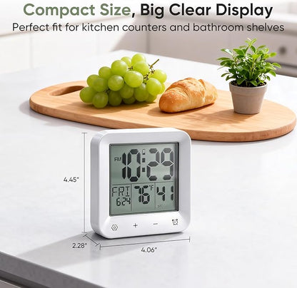 Bathroom Clock Waterproof Shower Timer, Digital Wall Clock with Countdown, Touch Screen, LCD Display, Temperature, Suction Cup/Hanging Hole/Stand, Spa Sauna, Kids and Adults I White
