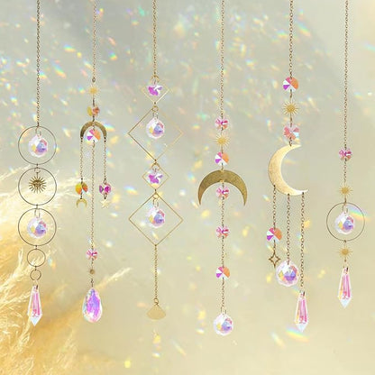 6pcs Crystal Suncatcher, Sun Catcher Hanging for Windows, Spiritual, Rainbow Maker, Crystal Indoor Garden Home Decor,Gemstone Prism（Set 2）