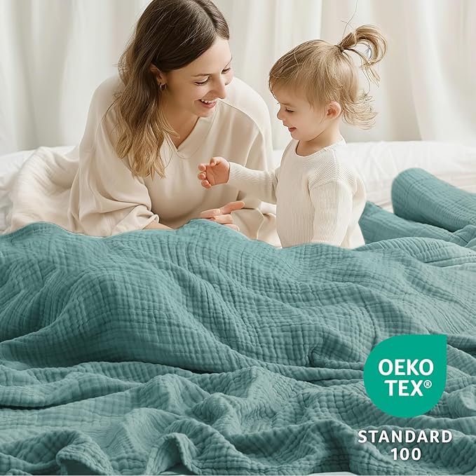 100% Cotton Muslin Blanket 50" x 60", Breathable and Lightweight Cotton Throw Blankets for Couch, Soft Cooling Summer Gauze Blanket for Adults All Season, Teal Blue