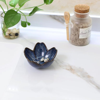 Flower Ring Dish Holder,Jewelry Dish Tray,Small Trinket Tray,Jewelry Plate Bowl,Key Bowl,Decorative Plate,Birtdhay Christmas Gifts for Women Friends,Ceramic Kiln effect Blue