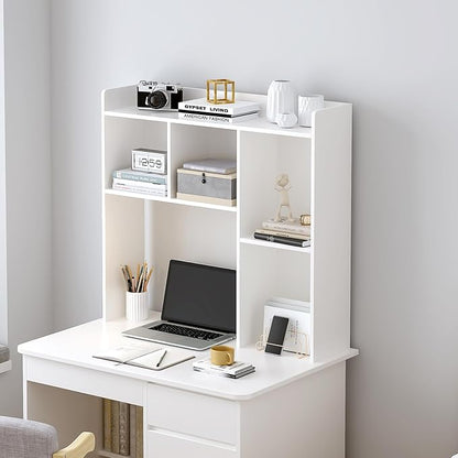 Wooden Desktop Hutch Bookshelf - Free Standing Desk Storage Shelf with Top Edge for Computer Desk, Desktop Bookcase for Dorm, Home or Office, Countertop Organizer, White, 37.4"