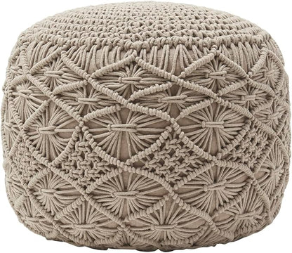 Ornavo Home Pouf Ottoman Foot Rest - 100% Cotton Pouffe - Hand Knitted Macrame Braid - Boho Round Stuffed Ottoman for Living Room, Bedroom - Beige