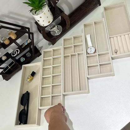 2Pcs Desk Drawer Storage Tray, Nightstand Organizer, Necklace Bracelet Ring Earring Jewelry Display, Grid Table Organizer Holder for Sunglass, Phone, Watch, Perfume (2 grid)/Beige