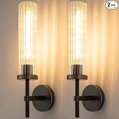 19.5" Knurled Brass Wall Sconces Set of 2, Black Gold Bathroom Vanity Light Fixtures with Vertical Striped Glass Tube, Modern Lamp Lighting for Bedroom, Living Room, Hallway, Staircase, Mirror