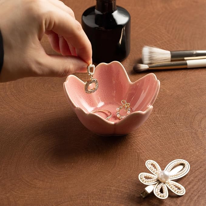 Flower Shaped Jewelry Organizer - Ceramic Ring Dish for Earrings Necklaces Bridal Gift for Women (pink)