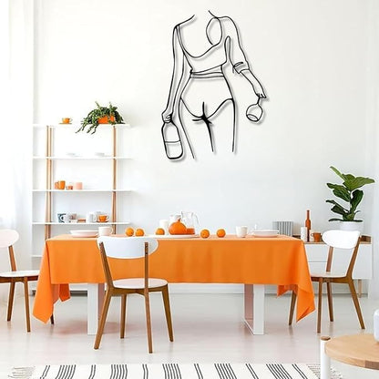 Metal Wall Art Woman Drinking Wine, Modern Minimalist Abstract Line Sculpture, Feminine Wall Decor for Living Room, Dining Room, Bar, Kitchen, Perfect Wine Lover Birthday Housewarming Gift – Black 23.6"x16.9"