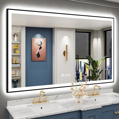 66x40 Black Framed LED Bathroom Mirror with Lights, Backlit and Front Lit, Anti-Fog Lighted Vanity Mirrors for Bathroom Wall, Dimmable, 3-Color Light, Memory, Shatter-Proof, HD Tempered Glass