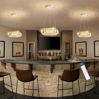 LED Ring Chandelier Modern Pendant Lights for Kitchen Island Dining Room Remote Dimmable Hanging Light Entryway Bedroom Crystal Lighting Silver Chandeliers