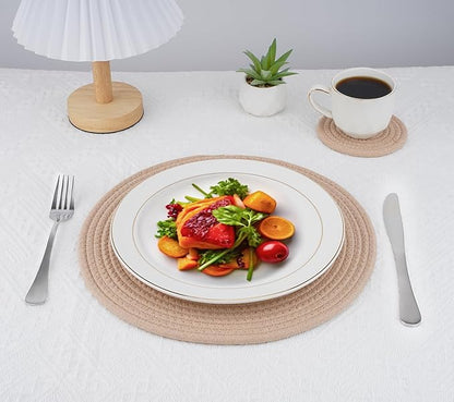 Woven Cotton Rope Round Placemats Set of 9 Pcs with Holder Included, Handmade Boho Woven Place mats,Hot Pads for Kitchen,Farmhouse Place Mats for Dining Tables Trivets for Hot Dishes